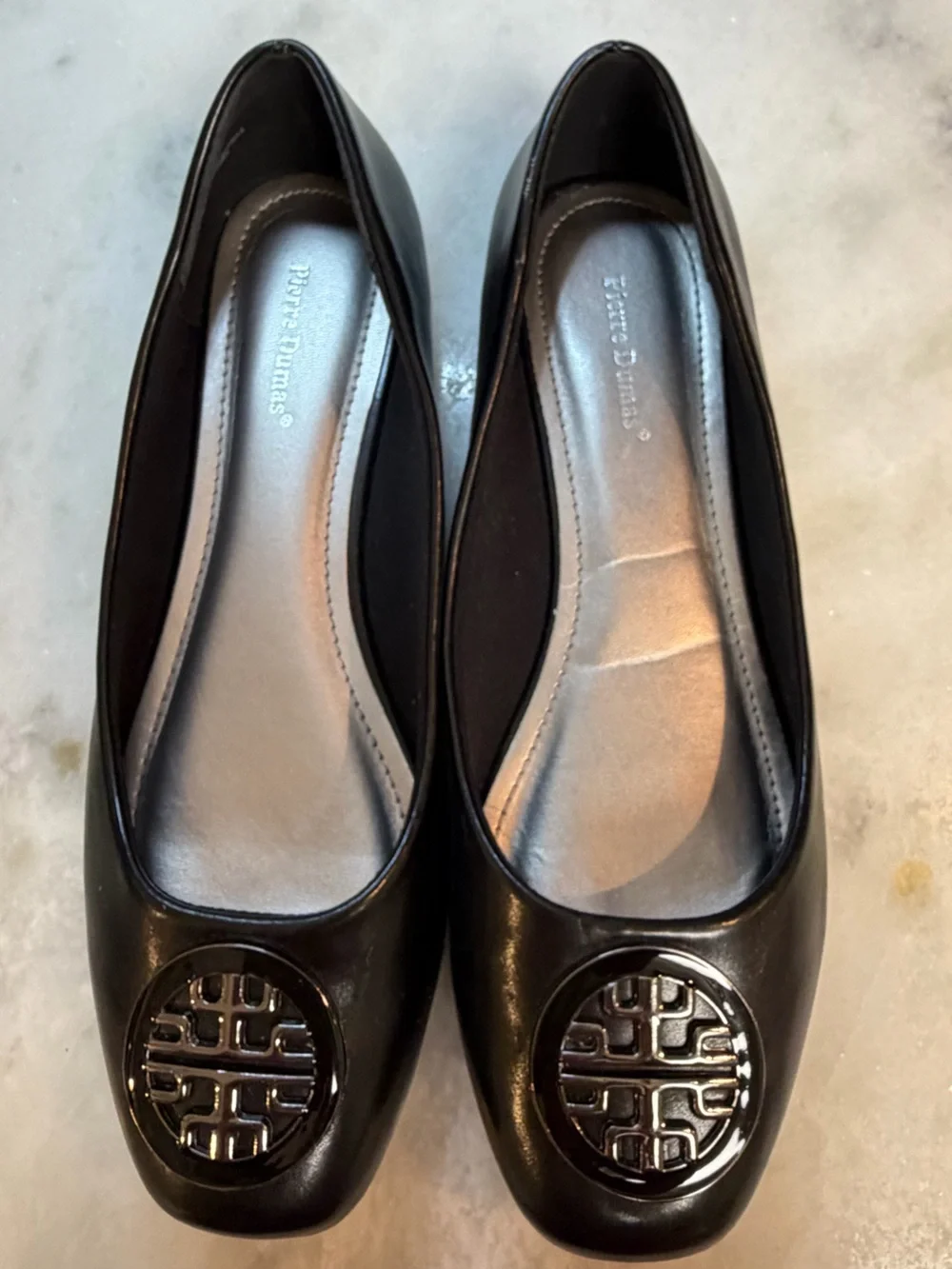 Black Women's Flats with Metallic Emblem 10M